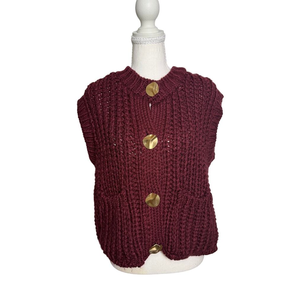 Zara Burgundy Chunky Knit Button Front Sweater Vest Cardigan
